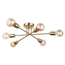Netlighting Trident 6 Light Multi Arm Semi Flush Light Brushed Brass E27 in Gold
