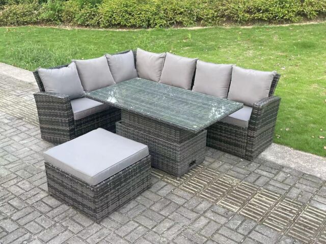 Fimous 7 Seater Rattan High Back Adjustable Rising Lifting Dining Table Corner Sofa Set Garden Furniture Left Hand in Dark Grey - image 1