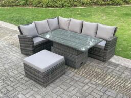 Fimous 7 Seater Rattan High Back Adjustable Rising Lifting Dining Table Corner Sofa Set Garden Furniture Left Hand in Dark Grey - thumbnail 2
