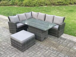 Fimous 7 Seater Rattan High Back Adjustable Rising Lifting Dining Table Corner Sofa Set Garden Furniture Left Hand in Dark Grey - thumbnail 1