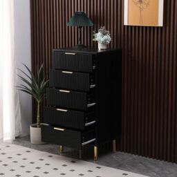 Moderna Black Gloss Chest of Drawers, 5 Drawer Fluted Ribbed Front - thumbnail 6