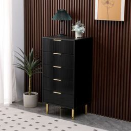 Moderna Black Gloss Chest of Drawers, 5 Drawer Fluted Ribbed Front - thumbnail 5