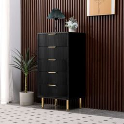 Moderna Black Gloss Chest of Drawers, 5 Drawer Fluted Ribbed Front - thumbnail 4