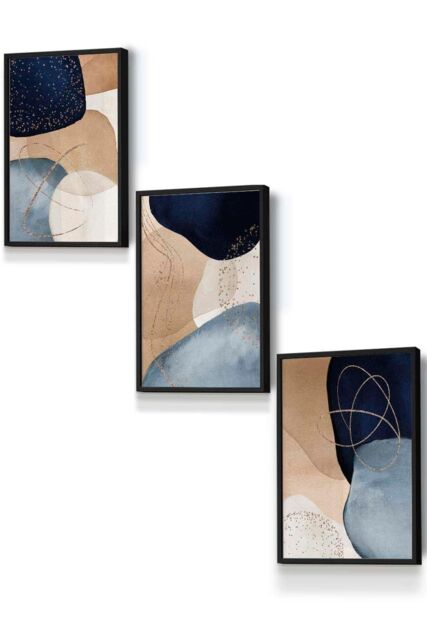 ARTZE Abstract Blue, Beige, Gold Shapes Framed Wall Art - Small in Black - Size: W33 cm x H45 cm x D20mm - image 1