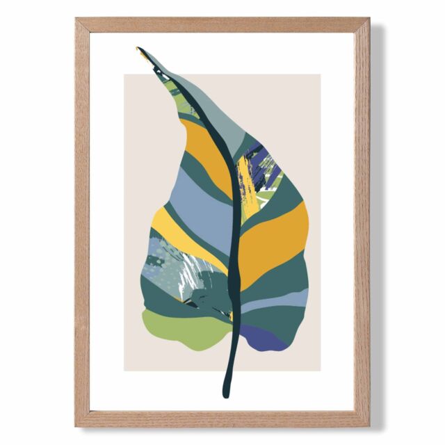 ARTZE Tropical Plant Teal & Green Mid Century Modern Framed Print SIZE: A4 with Oak Frame - image 1