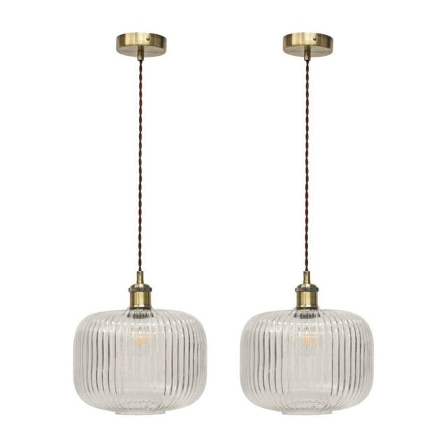 First Choice Lighting Set of 2 Batley Large - Clear Rib Glass Antique Brass Retro Pendants - image 1