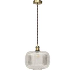 First Choice Lighting Set of 2 Batley Large - Clear Rib Glass Antique Brass Retro Pendants - thumbnail 2