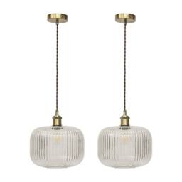 First Choice Lighting Set of 2 Batley Large - Clear Rib Glass Antique Brass Retro Pendants - thumbnail 1