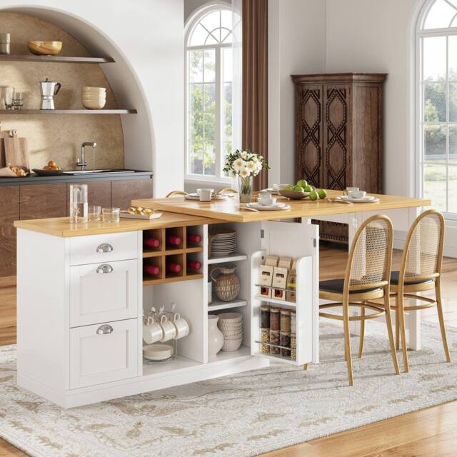 Merax Kitchen Island Sideboard with Extendable Dining Table, Wine Rack in White - image 1