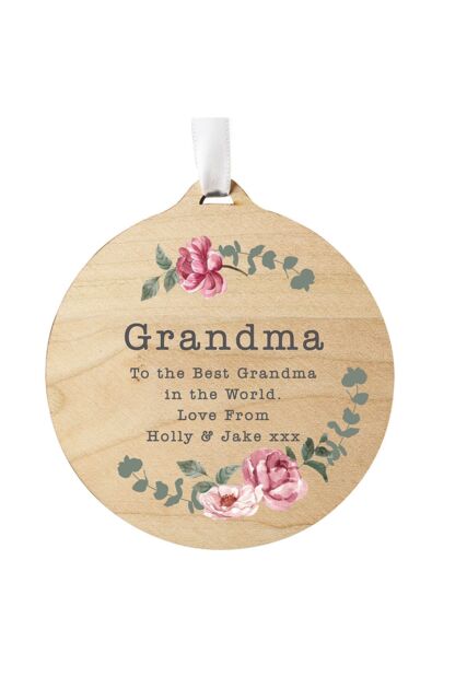 Personalised Memento Company Women's Personalised Floral Watercolour Round Wooden Decoration in Light Brown - image 1