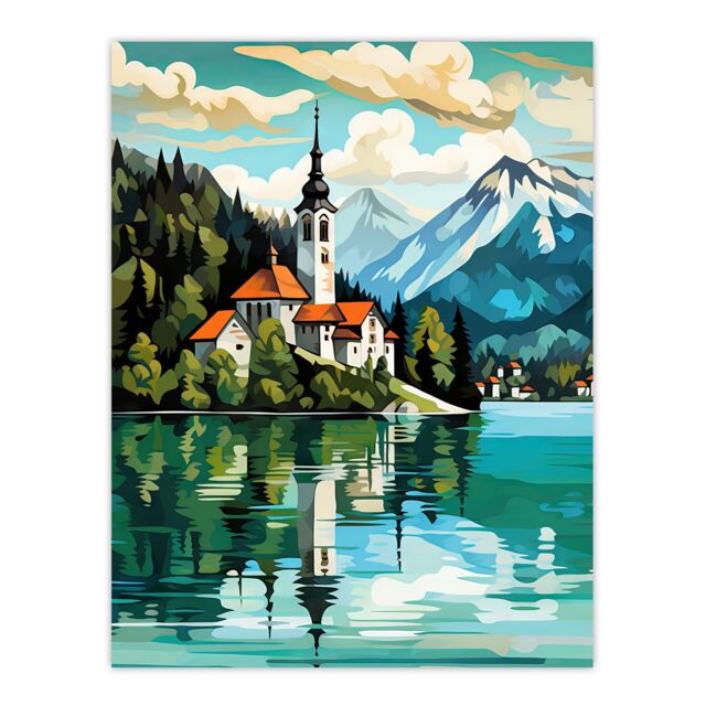Artery8 Lake Bled Vibrant Artwork Slovenia Island w/ 17th Century Church Reflecting On Turquoise Waters Extra Large XL Unframed Wall Art Poster Print - image 1