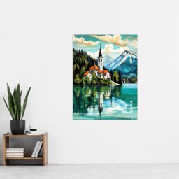 Artery8 Lake Bled Vibrant Artwork Slovenia Island w/ 17th Century Church Reflecting On Turquoise Waters Extra Large XL Unframed Wall Art Poster Print - thumbnail 4
