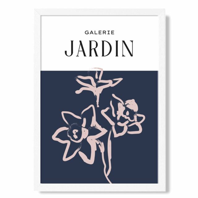 ARTZE Navy Blue & Blush Flowers Boho Sketch Floral Framed Print SIZE: A3 with White Frame - Size: A4 - image 1