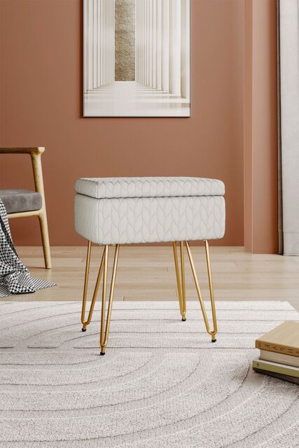 Living and Home Rectangle Upholstered Storage Ottoman Vanity Stool in Beige - image 1