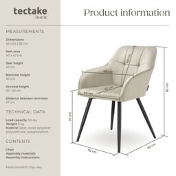 tectake Dining Chair Marilyn Per Piece - Cream/Black in Cream - Size: 1 Pack - thumbnail 6