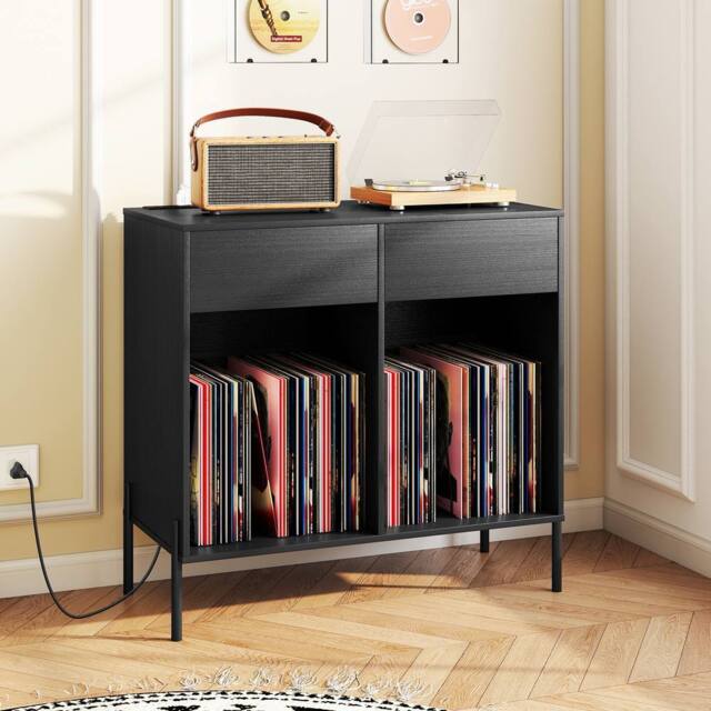 Gymax Double Wide Turntable Stand with Drawers Power Outlets & Metal Legs in Black - image 1