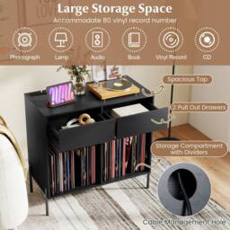 Gymax Double Wide Turntable Stand with Drawers Power Outlets & Metal Legs in Black - thumbnail 3