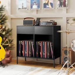 Gymax Double Wide Turntable Stand with Drawers Power Outlets & Metal Legs in Black - thumbnail 7
