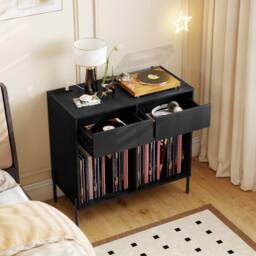 Gymax Double Wide Turntable Stand with Drawers Power Outlets & Metal Legs in Black - thumbnail 5