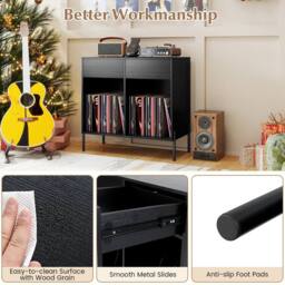 Gymax Double Wide Turntable Stand with Drawers Power Outlets & Metal Legs in Black - thumbnail 9