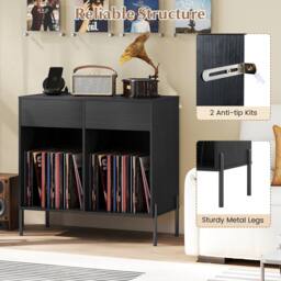 Gymax Double Wide Turntable Stand with Drawers Power Outlets & Metal Legs in Black - thumbnail 8