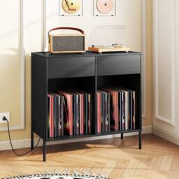 Gymax Double Wide Turntable Stand with Drawers Power Outlets & Metal Legs in Black
