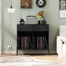 Gymax Double Wide Turntable Stand with Drawers Power Outlets & Metal Legs in Black - thumbnail 4
