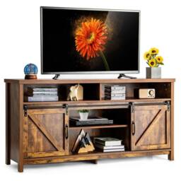 Gymax 150cm Sliding Barn Door TV Stand Farmhouse Flat Screen Console in Brown - thumbnail 1