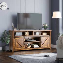 Gymax 150cm Sliding Barn Door TV Stand Farmhouse Flat Screen Console in Brown - thumbnail 4