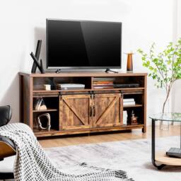 Gymax 150cm Sliding Barn Door TV Stand Farmhouse Flat Screen Console in Brown - thumbnail 5