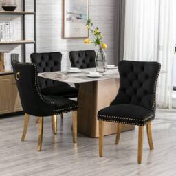 HomeTouch Set of 4 Lux Velvet Dining Chairs with Gold Steel Legs in Black - Size: 4 Pack
