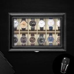 Kelvenix PU Leather Watch Display Case with 12 Slots Lid Velvet Lining in Black - thumbnail 5