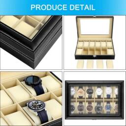 Kelvenix PU Leather Watch Display Case with 12 Slots Lid Velvet Lining in Black - thumbnail 6