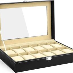 Kelvenix PU Leather Watch Display Case with 12 Slots Lid Velvet Lining in Black