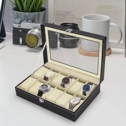Kelvenix PU Leather Watch Display Case with 12 Slots Lid Velvet Lining in Black - thumbnail 3