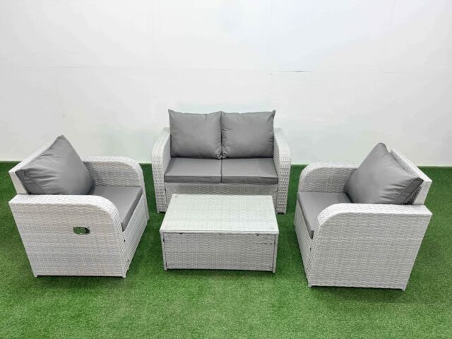 Fimous Light Grey PE Wicker Rattan Garden Furniture Set Sofa Set Reclining Adjustable Chair Rectangular Coffee Table 4 Seater - image 1