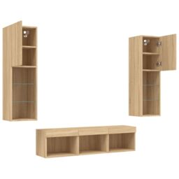 Berkfield Home 5 Piece TV Wall Units with LED Sonoma Oak Engineered Wood in Brown - thumbnail 6