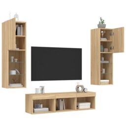 Berkfield Home 5 Piece TV Wall Units with LED Sonoma Oak Engineered Wood in Brown - thumbnail 4