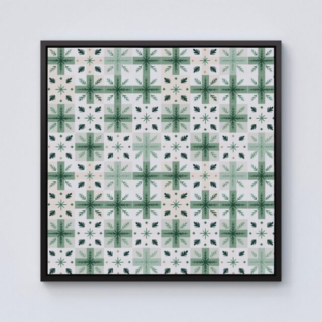"Warren Reed - Designer Christmas Quilting Squares, Green & White, Geometric Framed Canvas in Black - Size: W16"" x H16""" - image 1