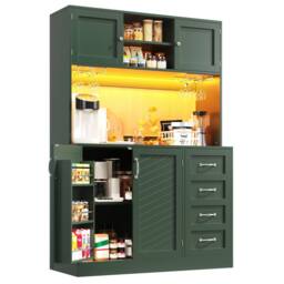 Merax Large Kitchen Pantry Cabinet with LED Coffee Station Wine Glass Holder in Green - thumbnail 9