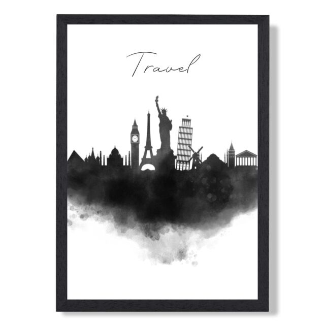 ARTZE Travel Watercolour Skyline City Framed Print SIZE: A3 with Black Frame - Size: A4 - image 1