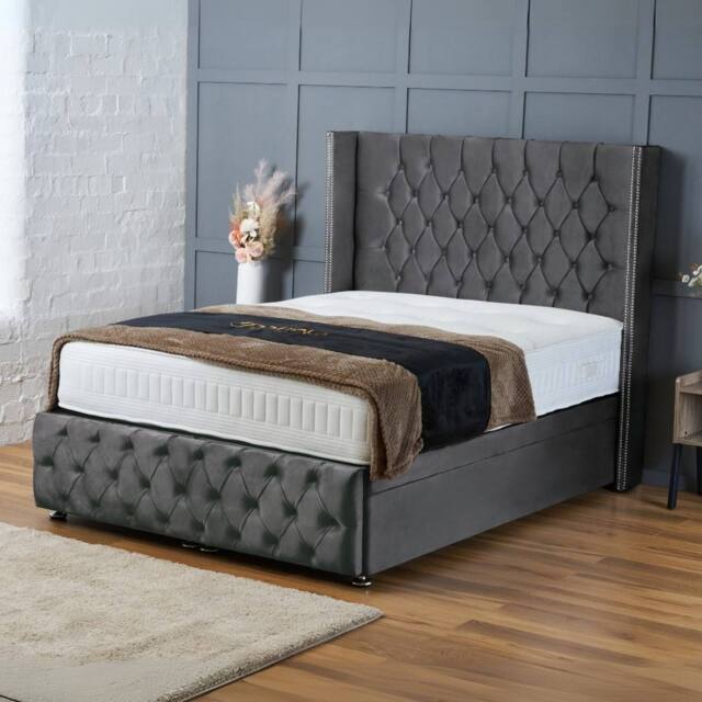 "BSSPOKE Mayfair Ottoman Divan Bed Plush Velvet 54"" Headboard & No Mattress in Charcoal - Size: Small Double" - image 1