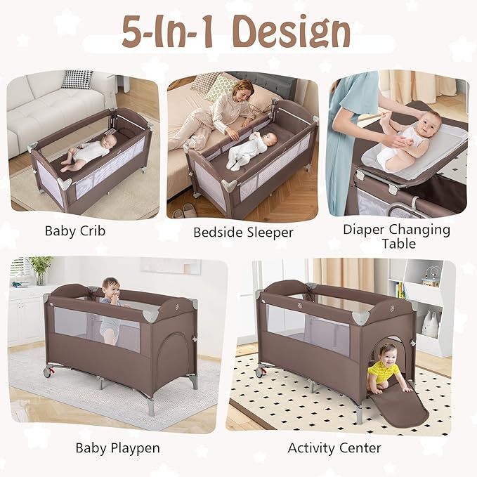 5-in-1 Portable Bedside Crib On Wheels Folding Changing Table