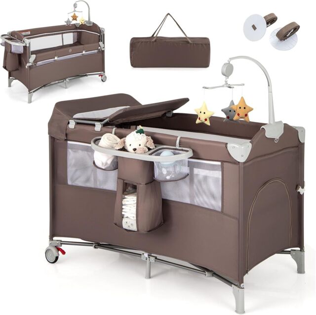 Gymax 5-in-1 Portable Bedside Crib On Wheels Folding Changing Table Playpen in Brown - image 1