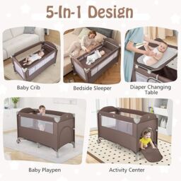 Gymax 5-in-1 Portable Bedside Crib On Wheels Folding Changing Table Playpen in Brown - thumbnail 2