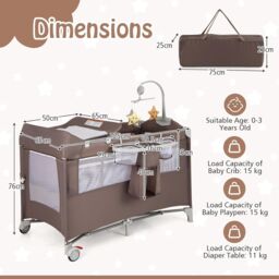 Gymax 5-in-1 Portable Bedside Crib On Wheels Folding Changing Table Playpen in Brown - thumbnail 5