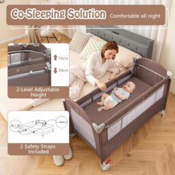 Gymax 5-in-1 Portable Bedside Crib On Wheels Folding Changing Table Playpen in Brown - thumbnail 4