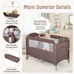 Gymax 5-in-1 Portable Bedside Crib On Wheels Folding Changing Table Playpen in Brown - thumbnail 6