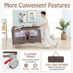 Gymax 5-in-1 Portable Bedside Crib On Wheels Folding Changing Table Playpen in Brown - thumbnail 3