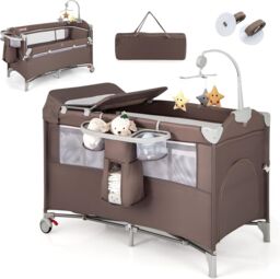 Gymax 5-in-1 Portable Bedside Crib On Wheels Folding Changing Table Playpen in Brown - thumbnail 1